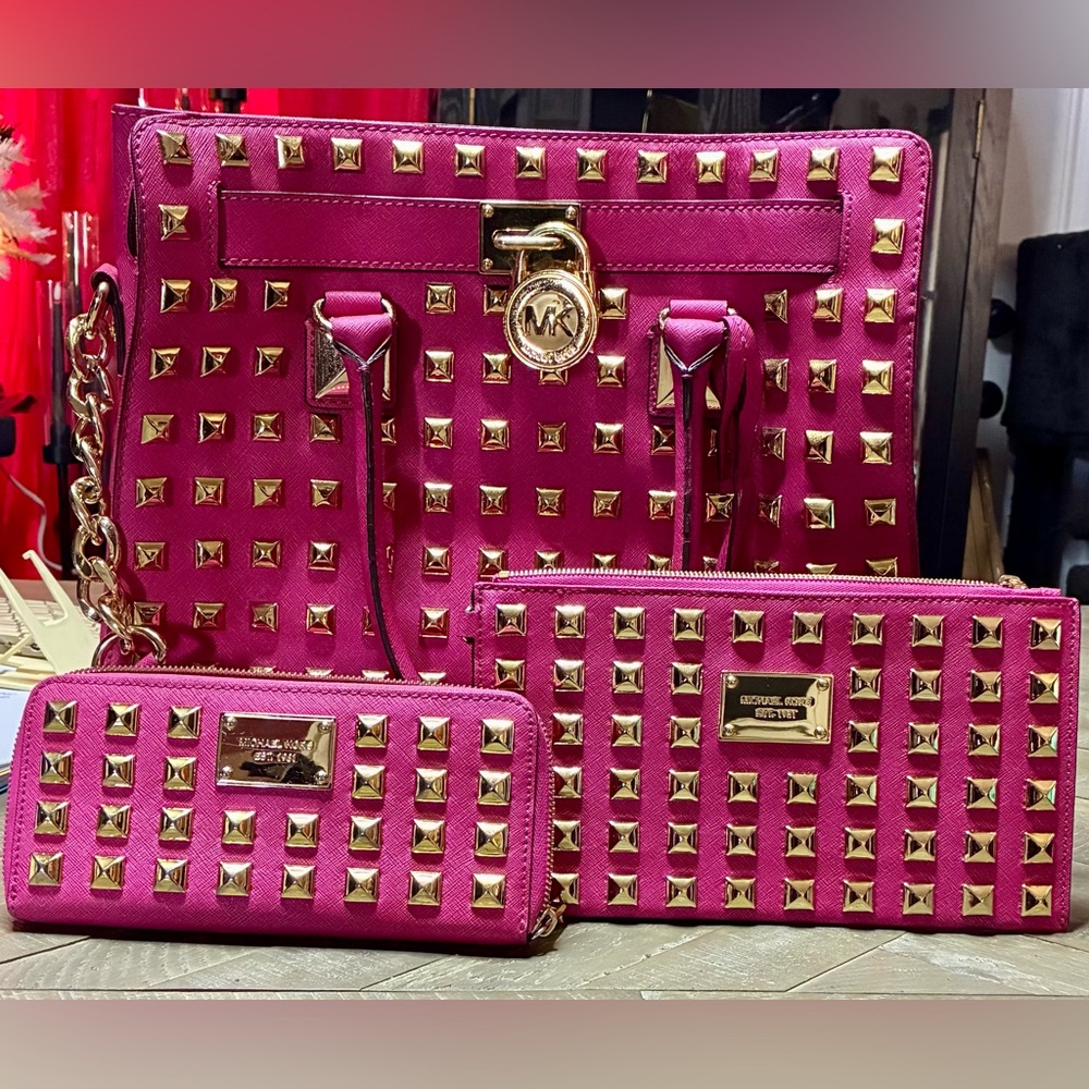 Michael Kors Fuchsia Studded Tote and Wallet Set